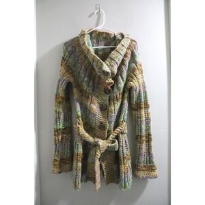 Free People Multi Color Space Dye Chunky Knit Belted Cardigan Sweater Large L
